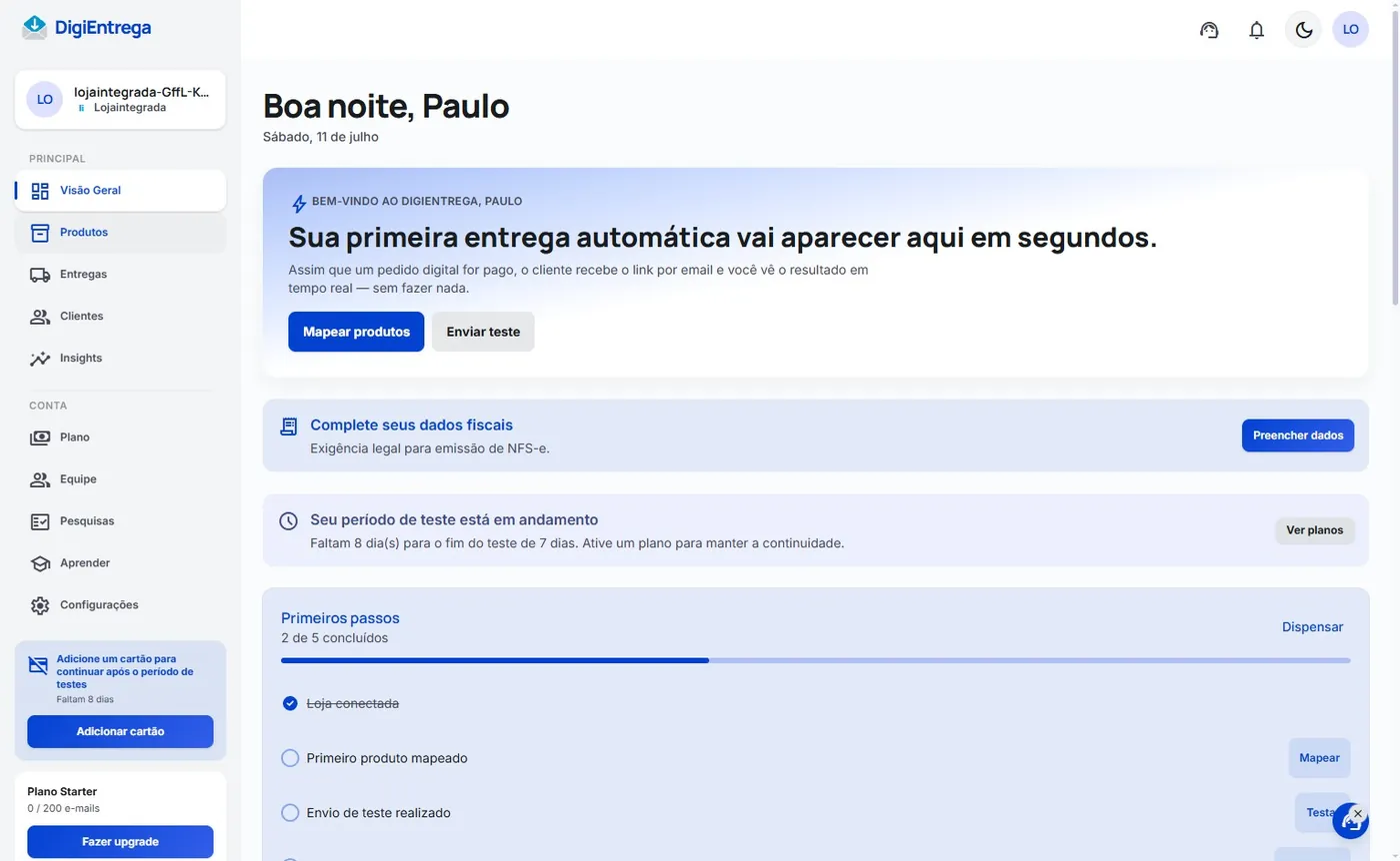 Painel da DigiEntrega logo após conectar a Loja Integrada, com o checklist de primeiros passos e o botão "Mapear produtos"